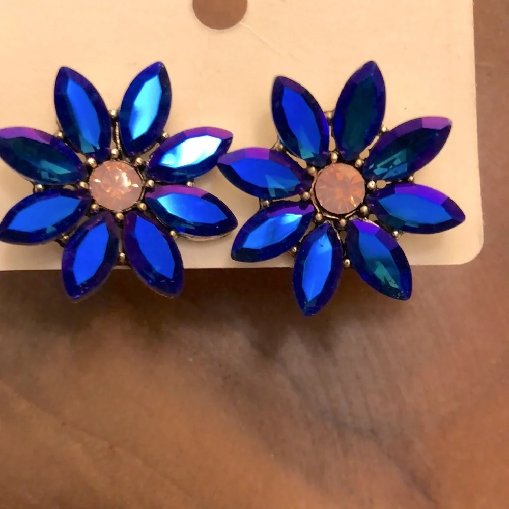 Violet Blue Aurora Borealis + Pink Opal Gold Crystal Flower Statement Earrings